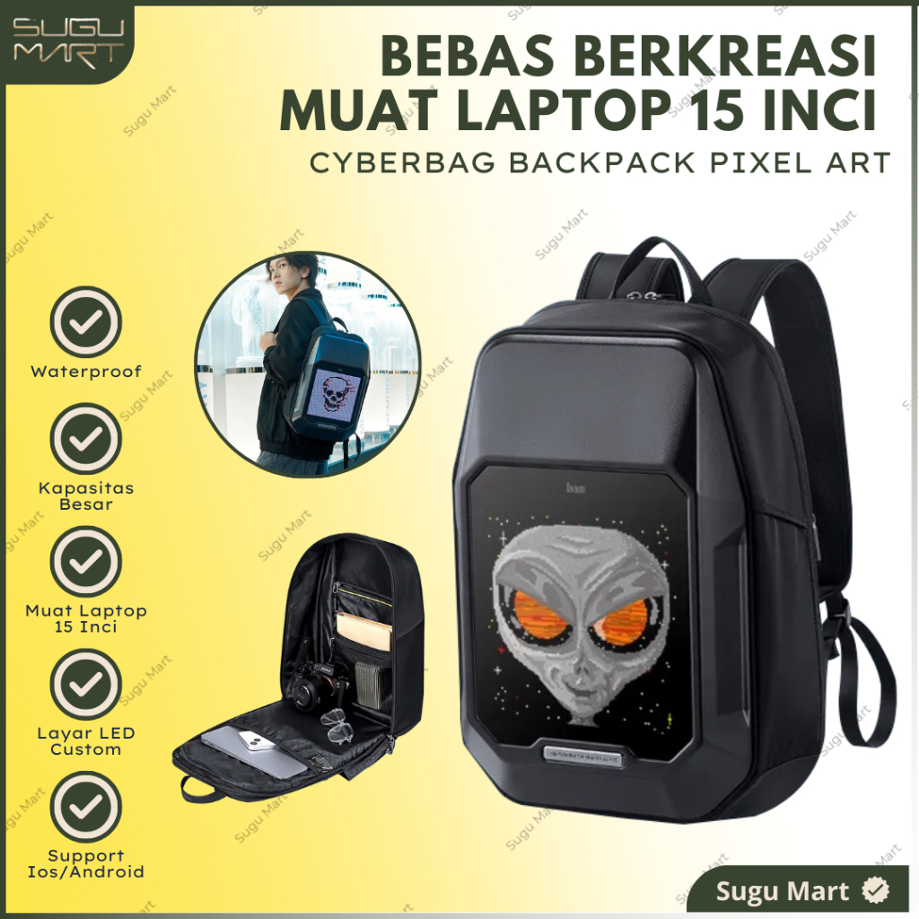 Smart Backpack Cyberbag Pixel Art | Tas Ransel Led Art Waterproof | Backpack Led