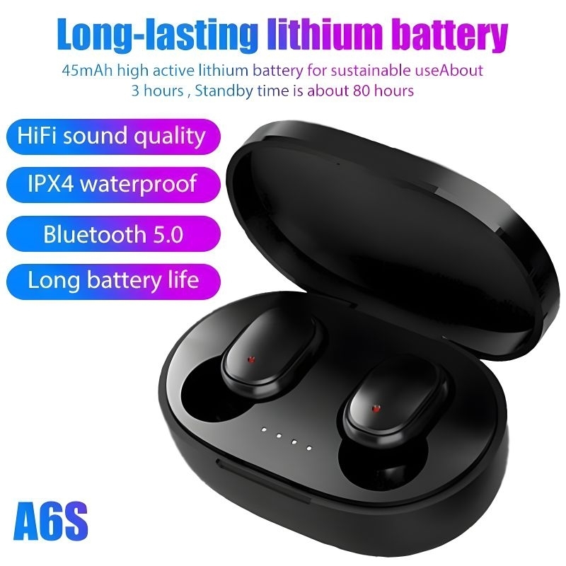 A6S TWS Wireless Bluetooth Headset with Mic Earbuds Noice Reduction Hifi Stereo Sound Earphone Bluet