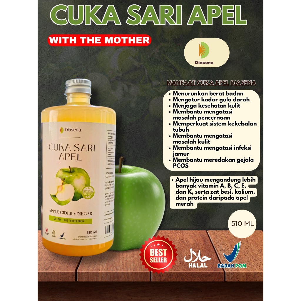 

Cuka Sari Apel Murni Diasena Cuka Apel Raw, Unpasteurized, Unfiltered with mother