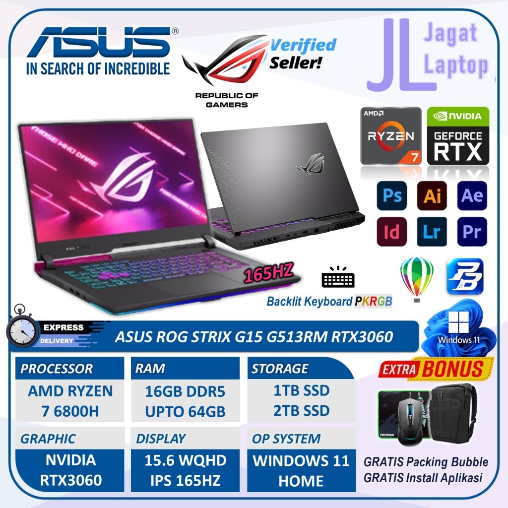 Asus Rog Strix G15 G513rm Ryzen 7 6800h 64GB DDR5 2TB SSD RTX3060 15.6 WQHD IPS 165Hz