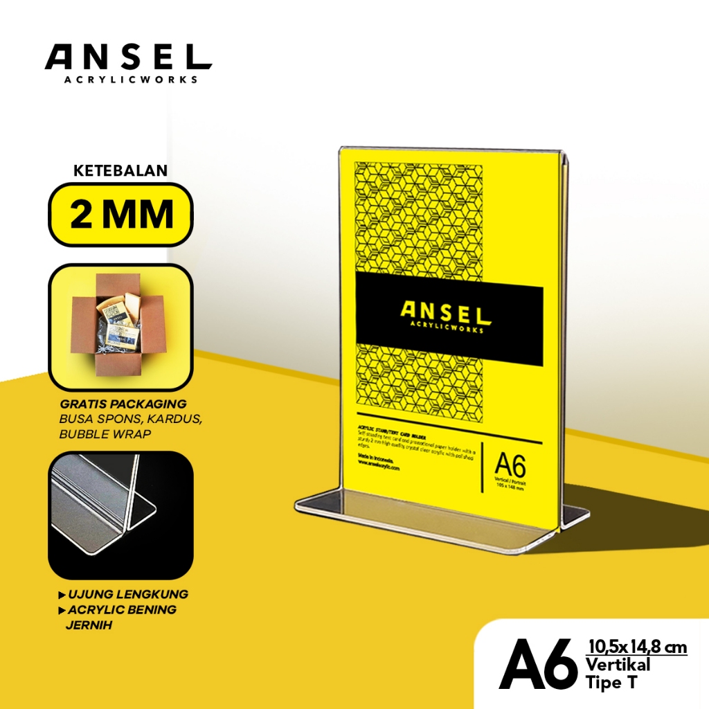 

ANSEL Tent Holder Akrilik Tipe T / A6 Vertikal Portrait 10,5x14,8 cm / [Brosur, Acrylic, Display]