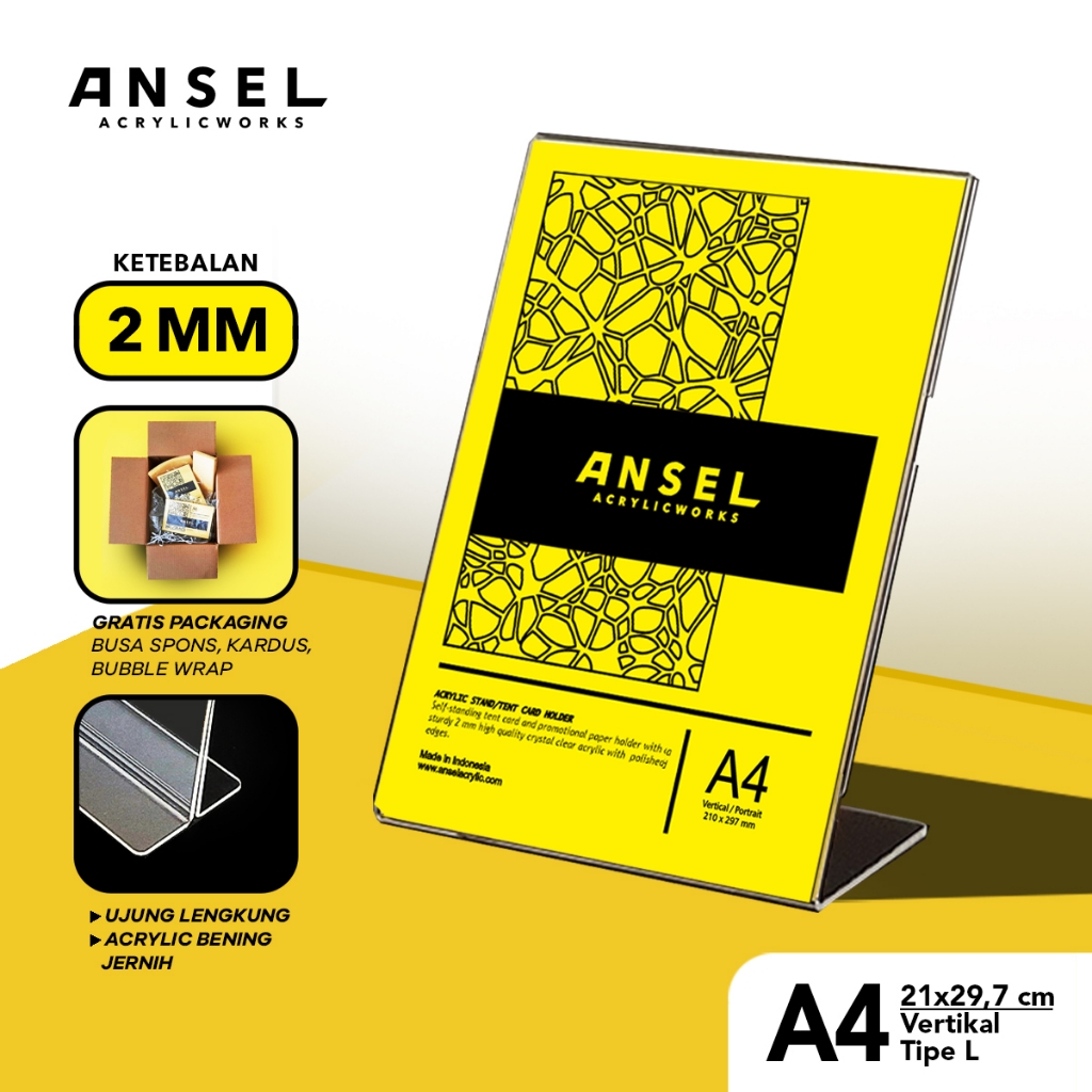 

ANSEL Tent Holder Akrilik Tipe L / A4 Vertikal Portrait 21x29,7 cm / [Brosur, Acrylic, Display]