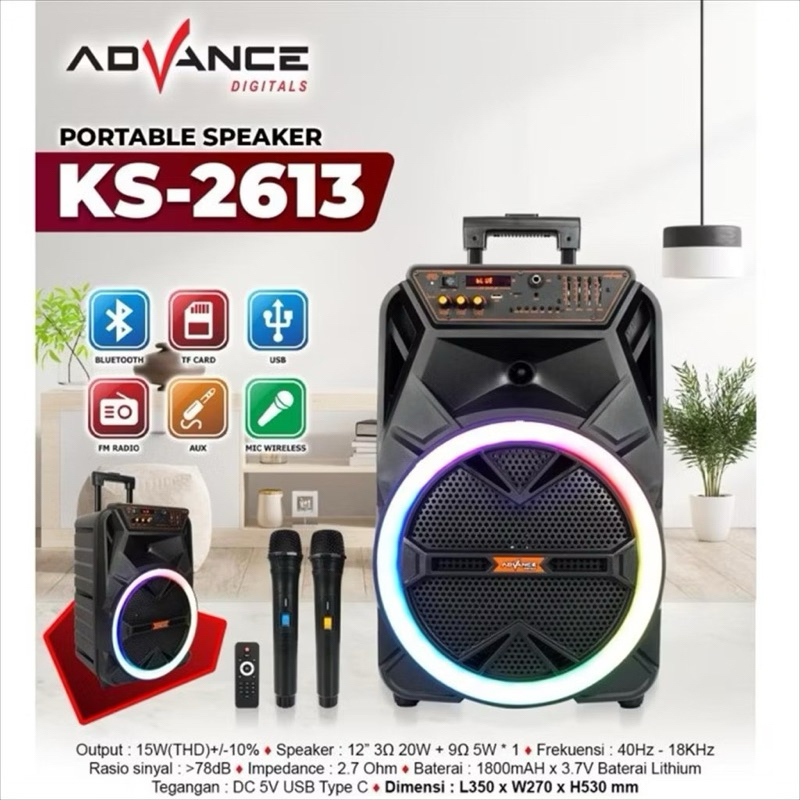 Advance KS-2613 Speaker Bluetooth Super Bass Karaoke 12 Inch Subwoofer Speaker + 2 Mic Wireless