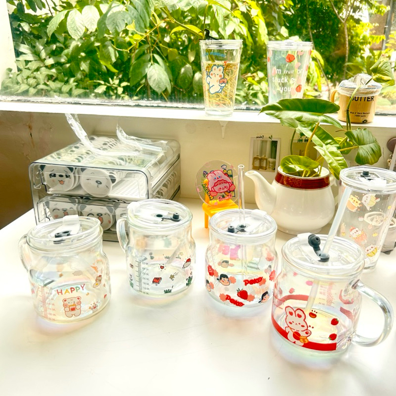 Gelas cup lucu 500ml/ gelas cup aesthetic dengan tutup dan sedotan kaca