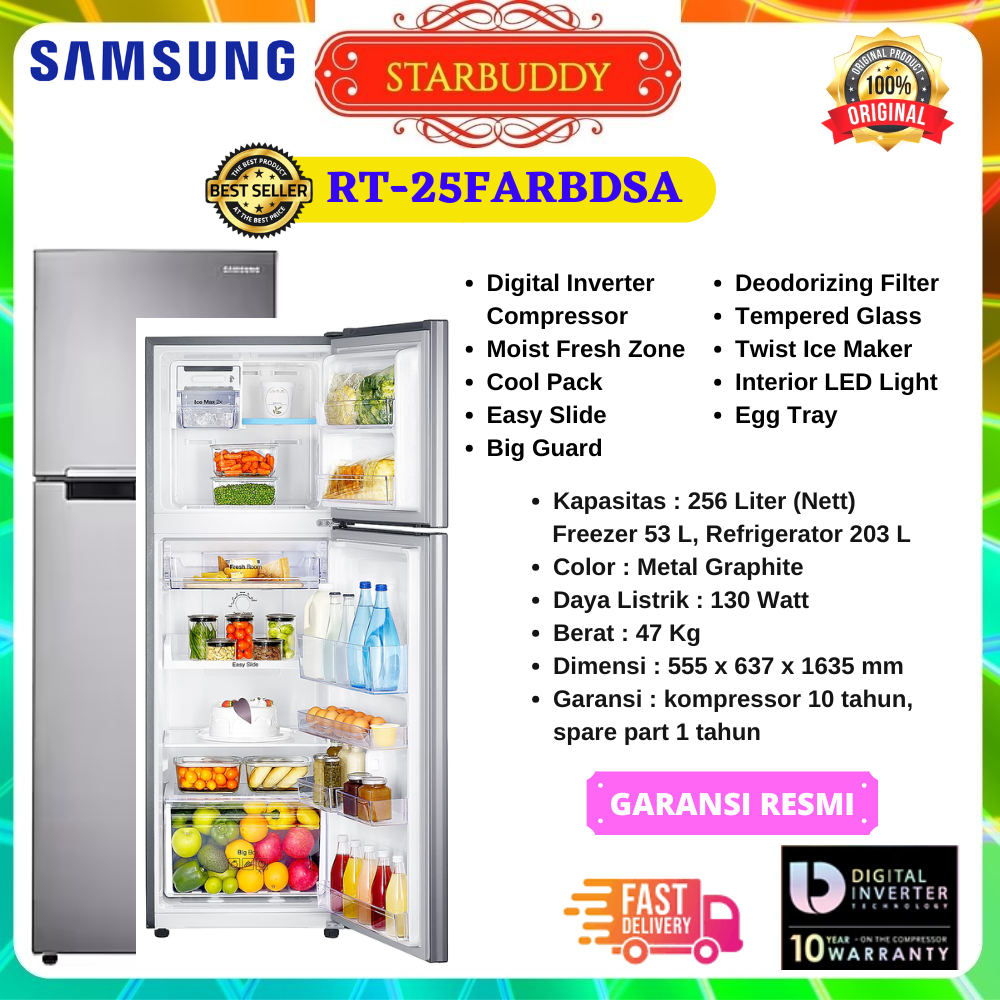 KULKAS SAMSUNG RT25FARBDSA, 25 FAR, 25 FARBDSA 2 PINTU DIGITAL INVERTER SILVER COOL PACK