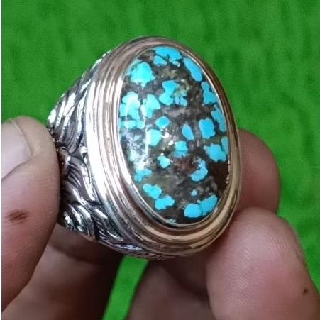 Pirus Persia blue fancy ceplok lawasan ring Perak tebal
