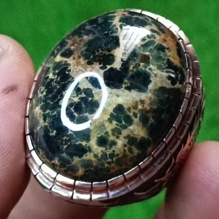 Pirus Persia Ijo hijau gelap serat emas Jenong Jumbo HQ ring Perak HM tebal