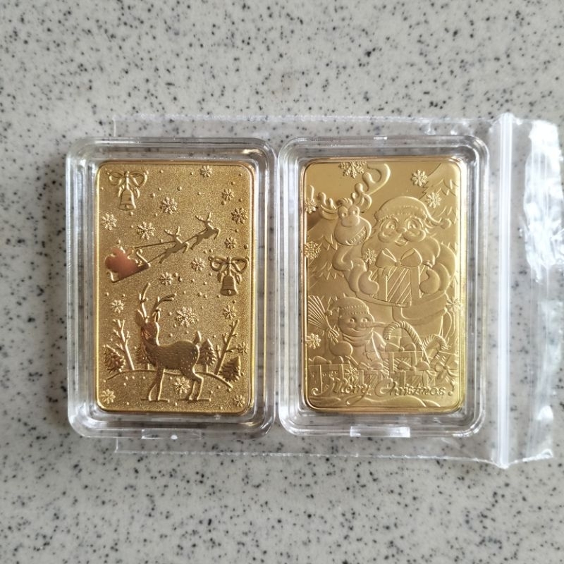 Koin Souvenir Emas Batangan Merry Christmas Gift Ornament Bell Rusa Gold Bar + Kapsul