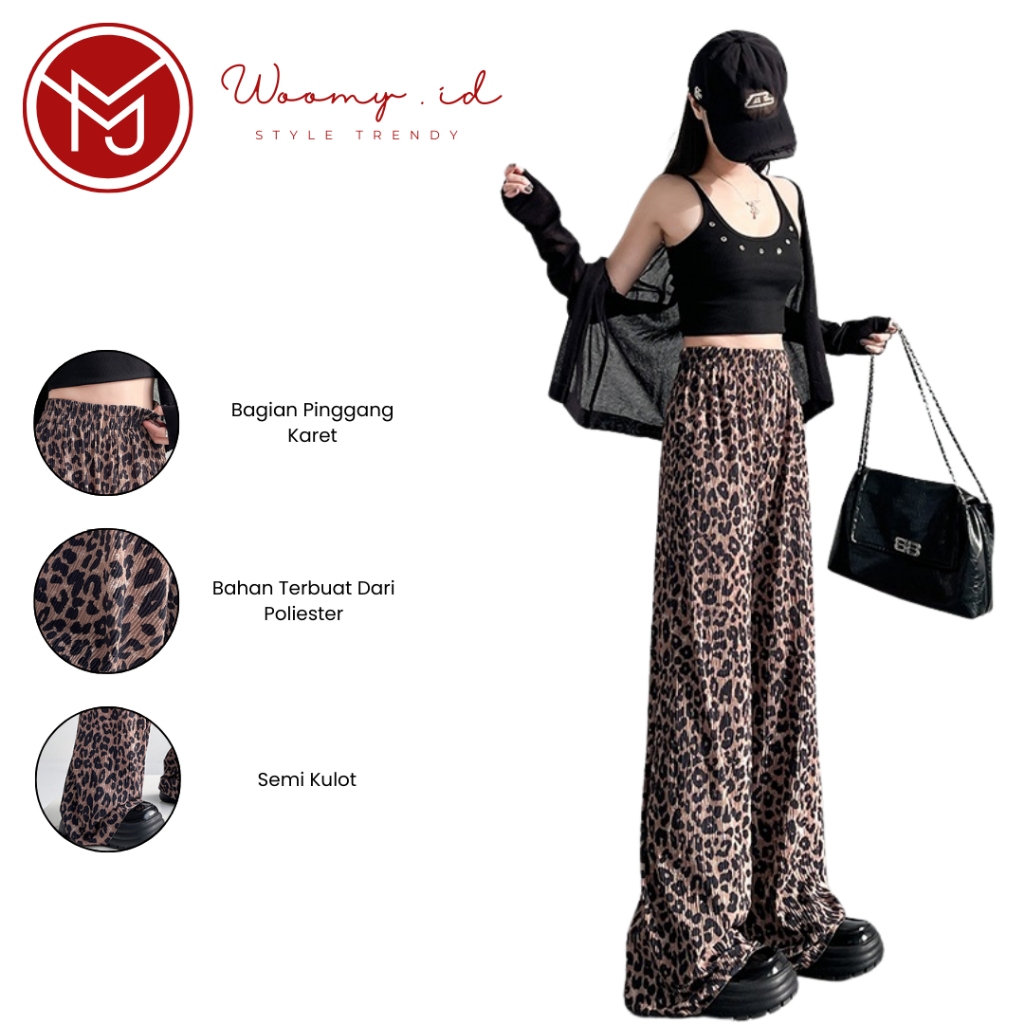 Woomy - CPG537 Celana Kulot Bahan Karet Rayon Stretch Panjang Leopard Motif Macan
