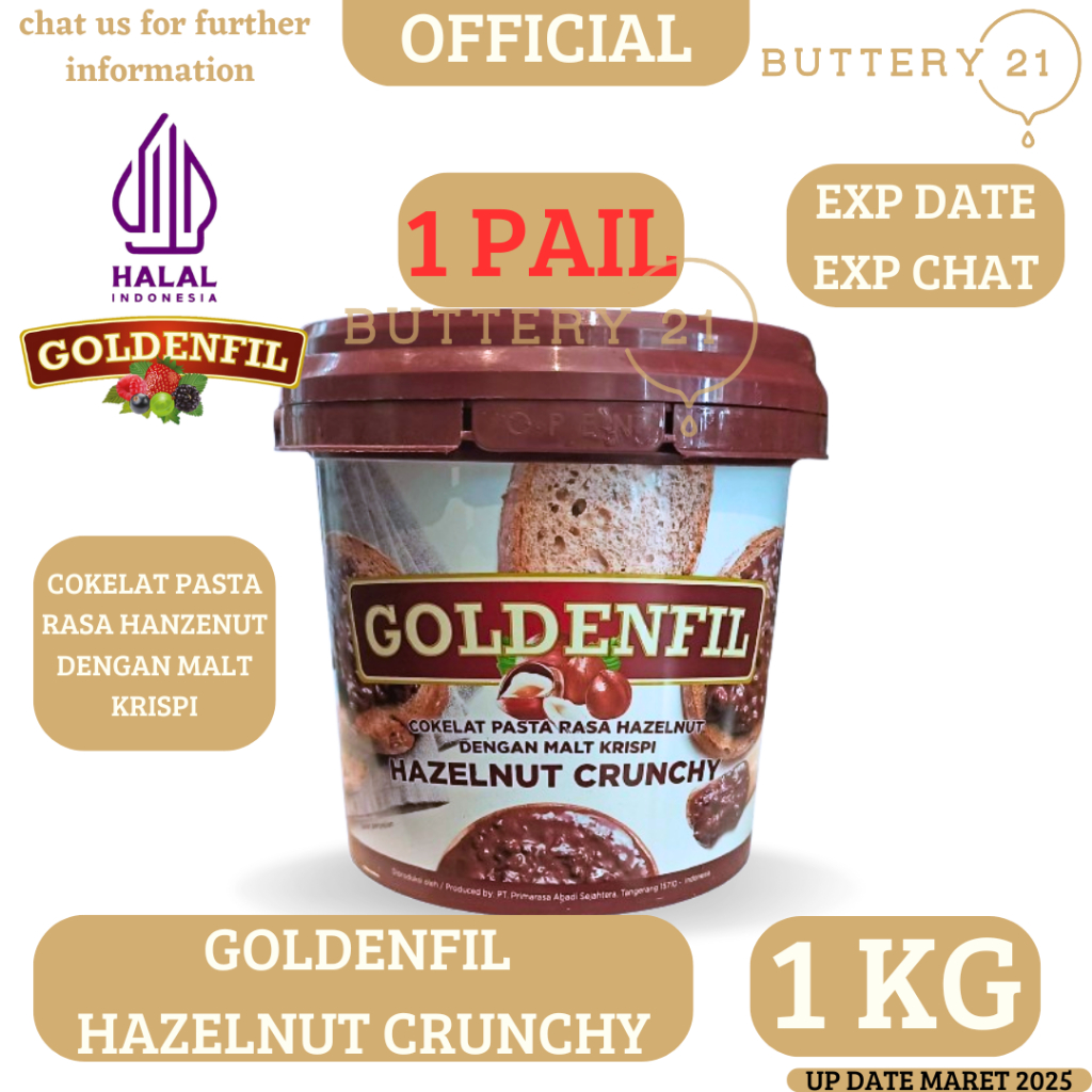

GOLDENFIL HAZELNUT CRUNCHY 1 KG/COKELAT PASTA RASA HAZELNUT DENGAN MALT KRISPI