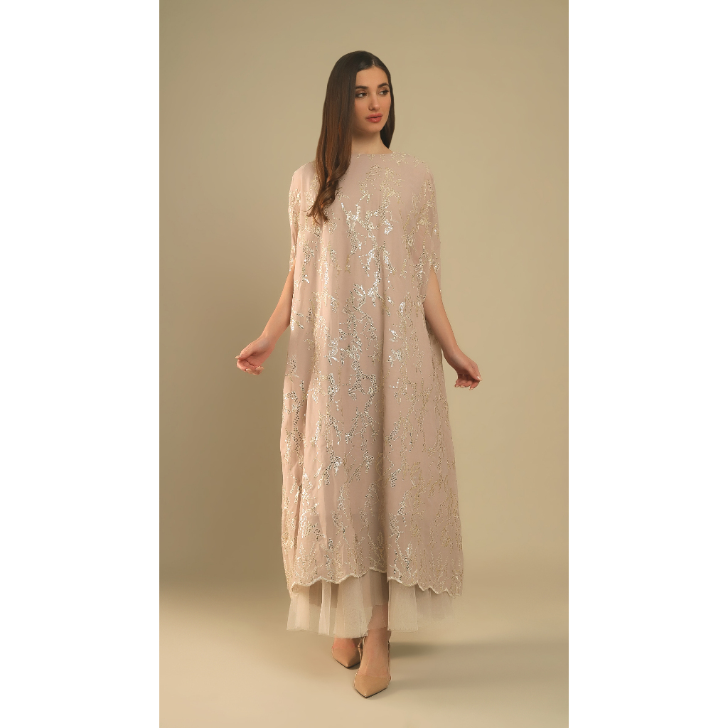 CHIC SIMPLE SEQUINED METALIC EMB CHIFFON CAPE KAFTAN WANITA K00O79BB