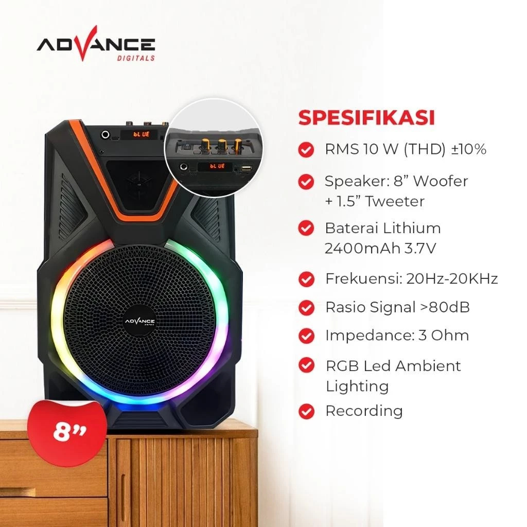 Speaker Active Portable Advance KS-821 8" Free Mic Wireless KS 821