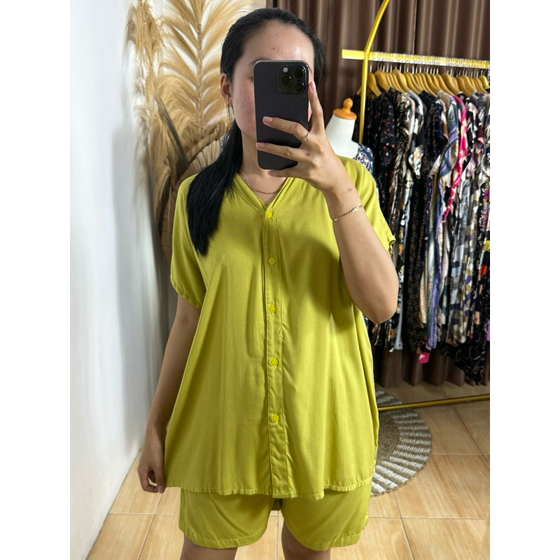 One Set Piyama Babydoll Rayon Twill Polos Celana Pendek Busui V-NECK