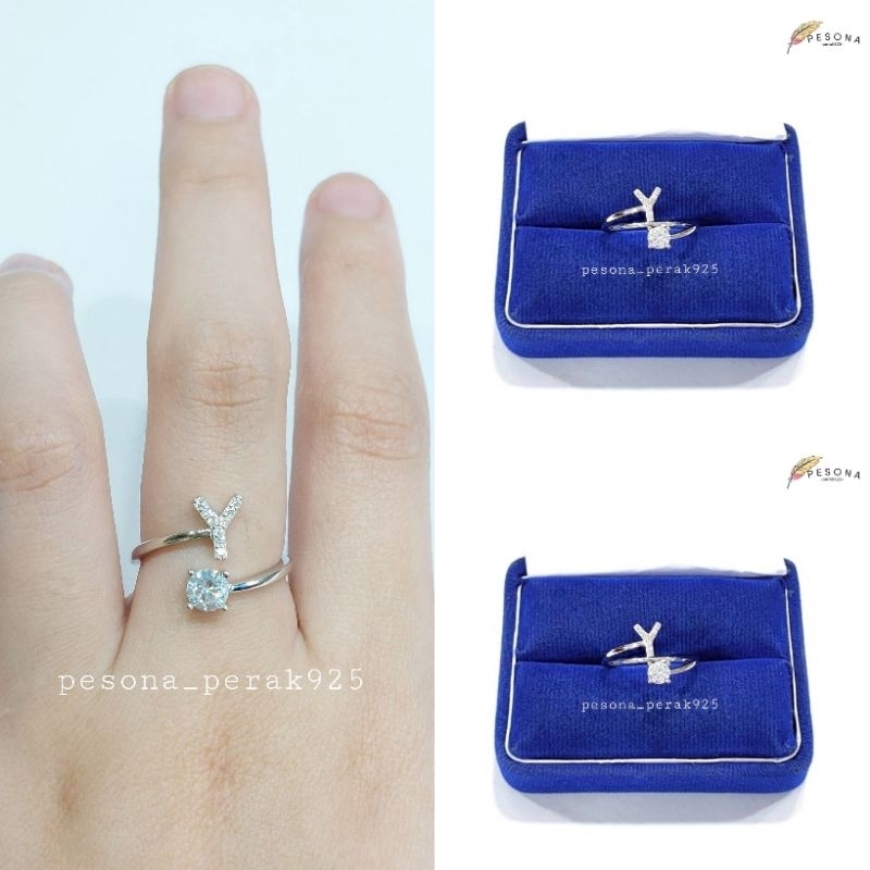 Cincin Perak Wanita Asli Silver 925 Lapis Emas Putih asli Model Nagita,Cincin Huruf Alfabet Adjustab