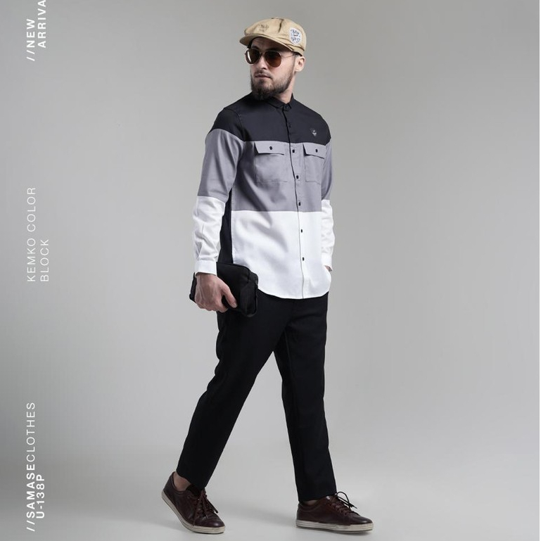Samase Kemko Color Block Black U138P Koko Dewasa Lengan Panjang