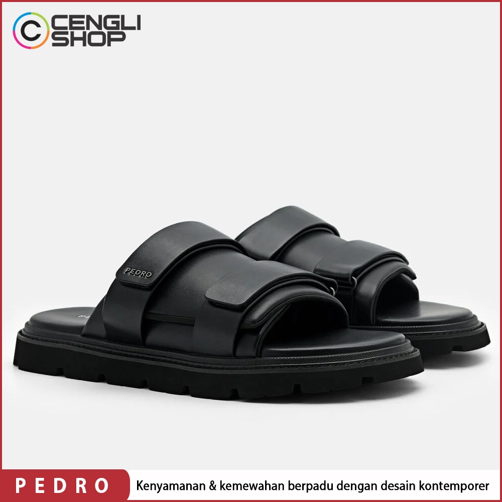 SANDAL KASUAL PEDRO PRIA ORIGINAL SENDAL SLIDE CASUAL BRANDED ASLI ORI HITAM BLACK PM051