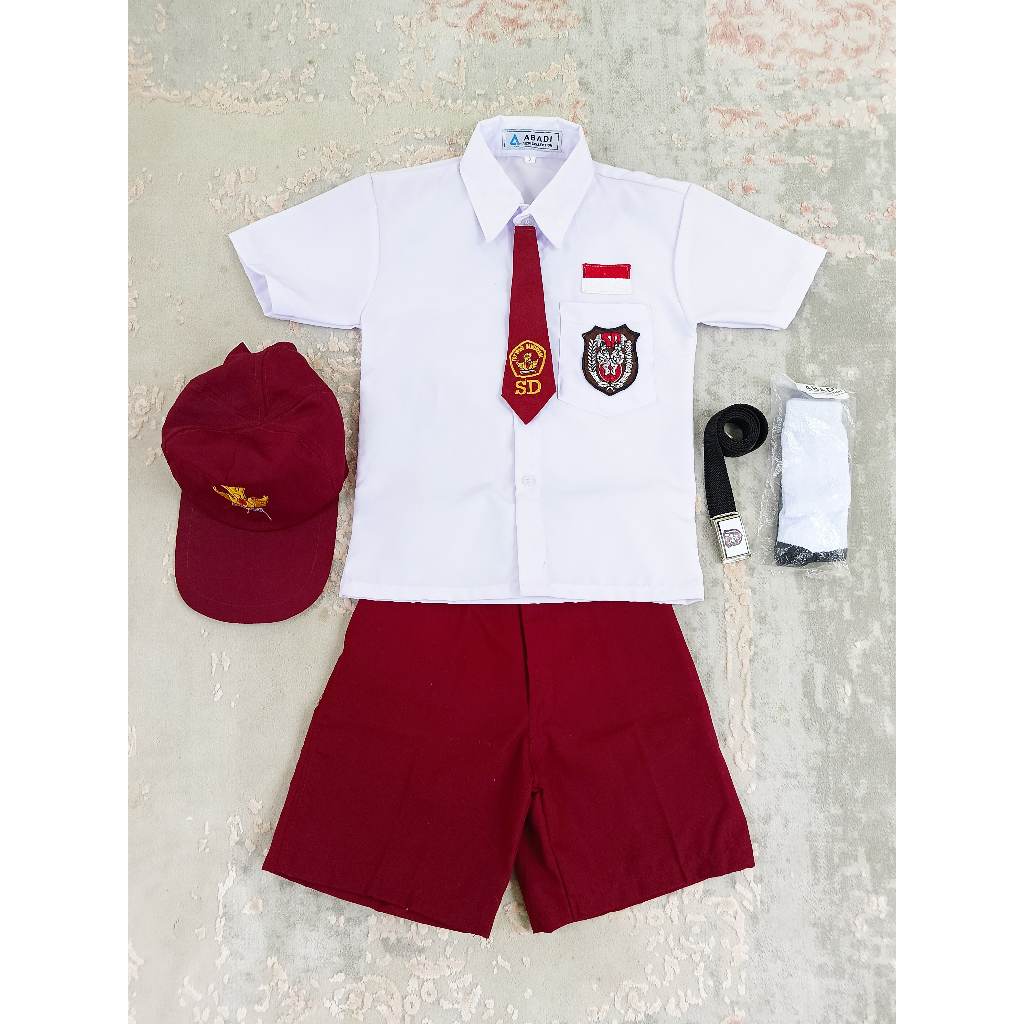 SETELAN SERAGAM SEKOLAH MERAH PUTIH ANAK LAKI-LAKI LENGAN PENDEK KELAS 1-6 TOPI MERAH POLOS