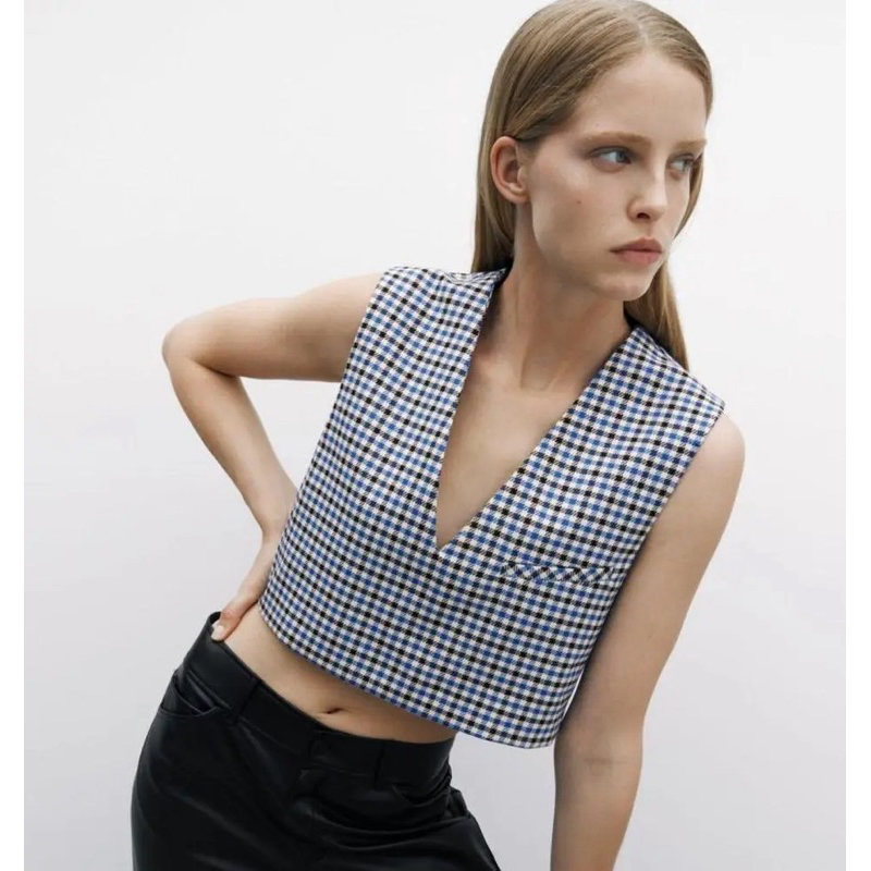 ZARA Crop Vest Waistcoat Top Blue - preloved