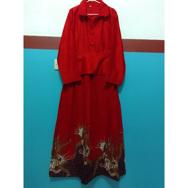 preloved gamis motif batik kombinasi polos warna merah