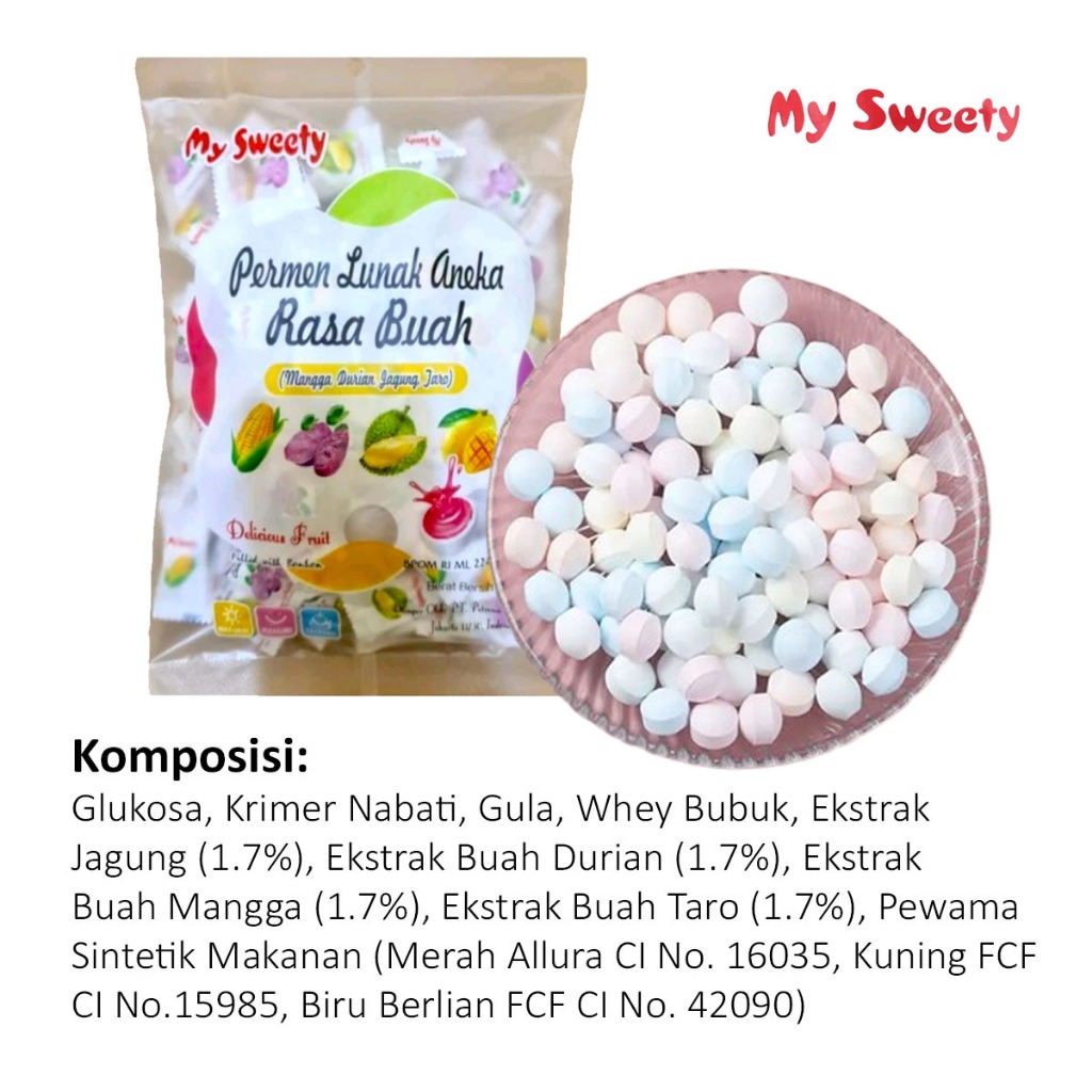 

MY SWEETY Permen Lunak Aneka Buah Rasa Durian Mangga Jagung Taro Candy Bonbon 360gr Isi 100pcs Halal