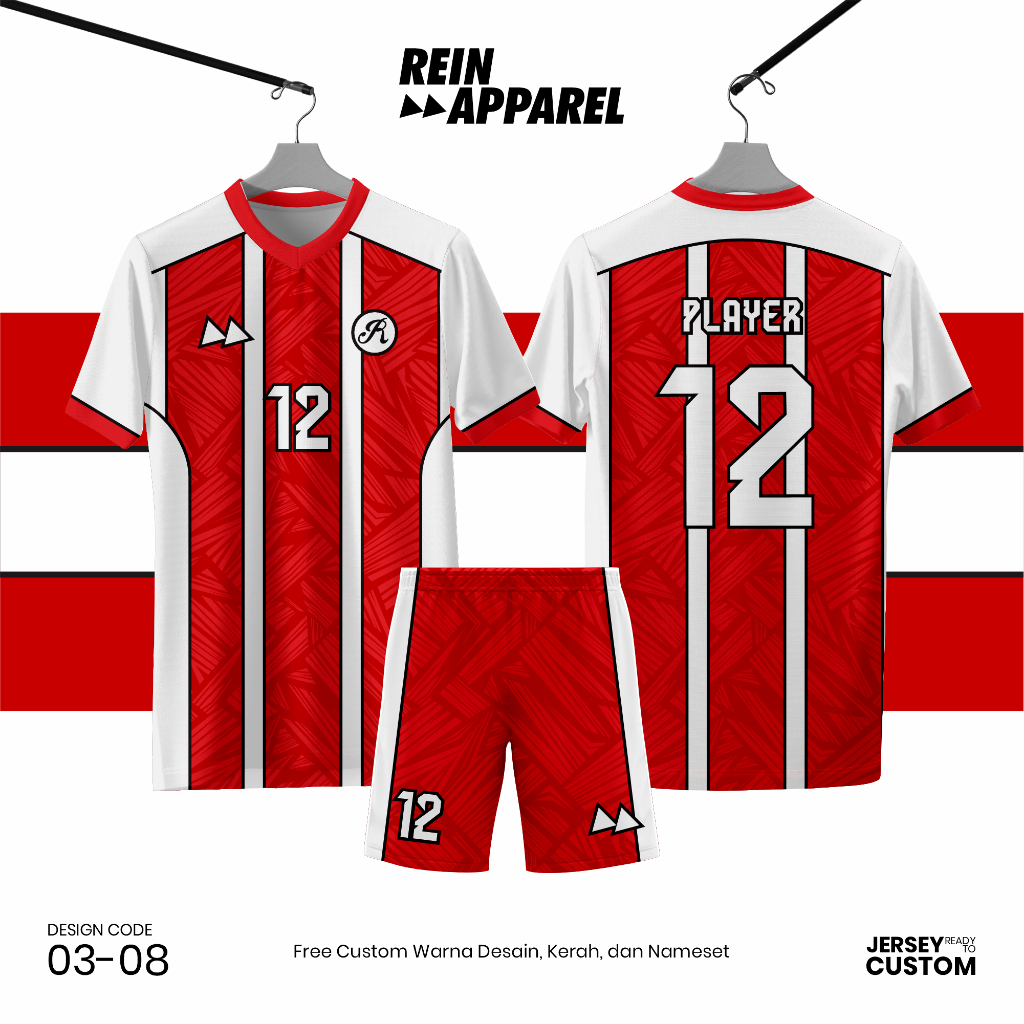 Jersey Bola Futsal Full Printing Kostum Nama/Nomor/Logo - 0308 Merah Putih