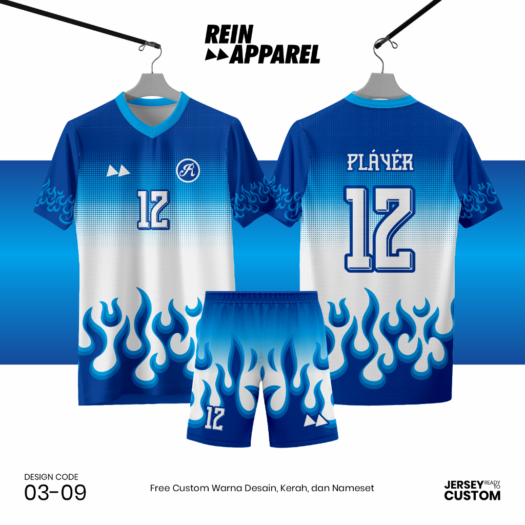 Jersey Bola Futsal Full Printing Kostum Nama/Nomor/Logo - 0309 Biru Putih