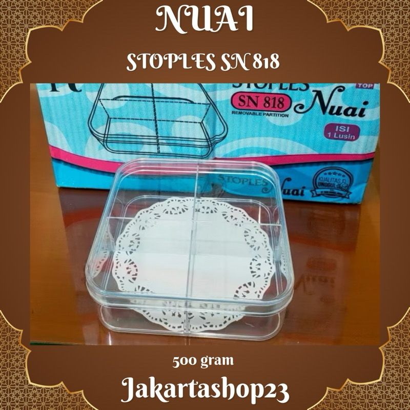 Toples Kue Kering Nuai SN 818 Sekat Empat Partisi Toples Kotak Segi 4 Mika Bening Toples Cokelat Top