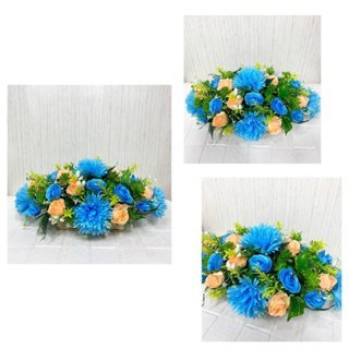 Bunga Meja Oval Krisan Jarum Biru Mix Ros Lipat Mix Rose Mini