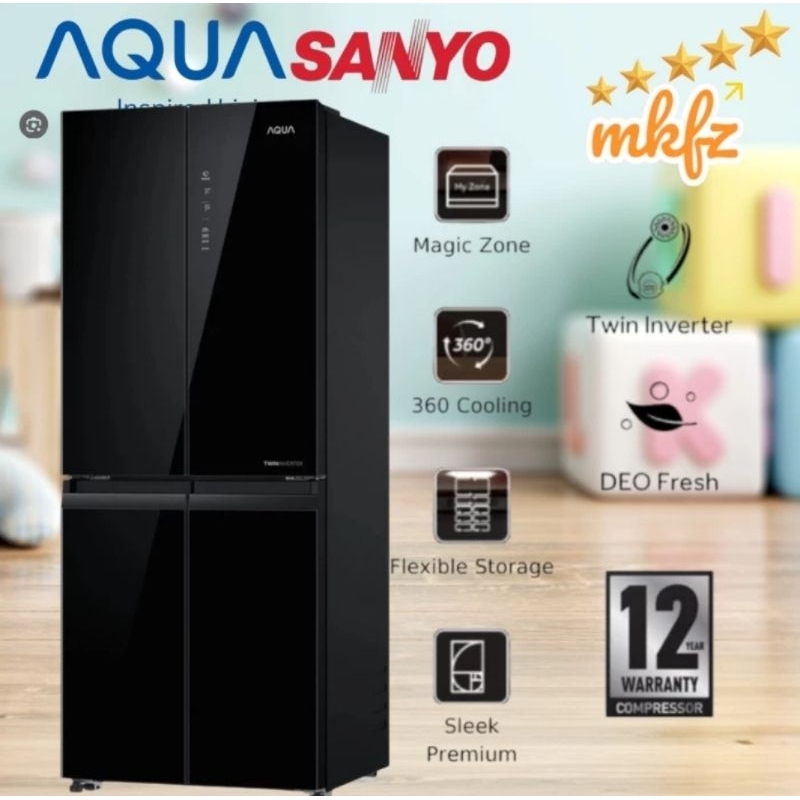 KULKAS AQUA 4PINTU GLASS DOOR TYPE AQR506RGGBK(GARANSI RESMI)