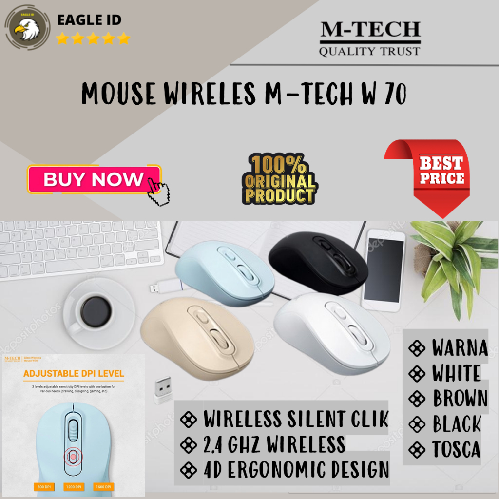 Mouse wireless 2.4 GHZ Silent W70 M-Tech / Mouse wireless W70 Free Baterai