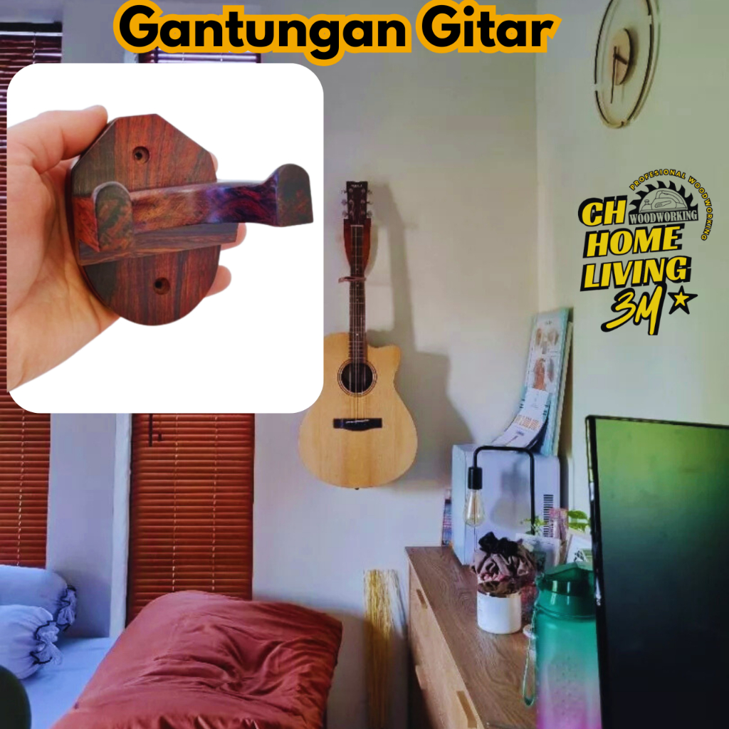 Stand Gantungan Gitar Kayu Tempat Dudukan Tempel Dinding Akustik Bracket