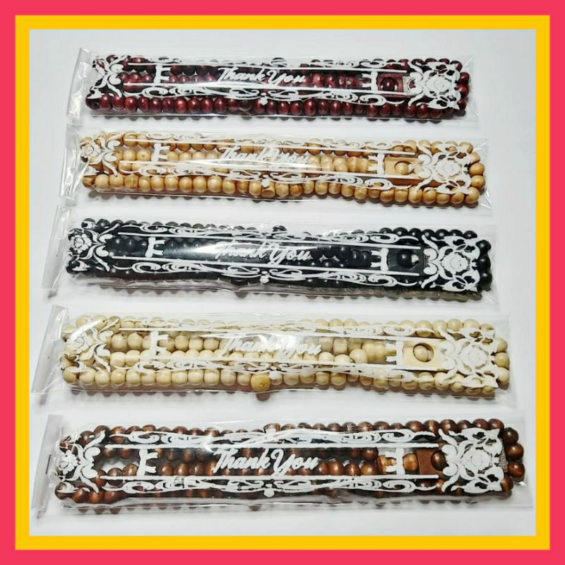 •50 pcs•TASBIH KAYU 99 Butir TASBIH GROSIR Kemas Plastik SABLON MIKA THANKYOU MIX 5 Warna TASBIH MUR