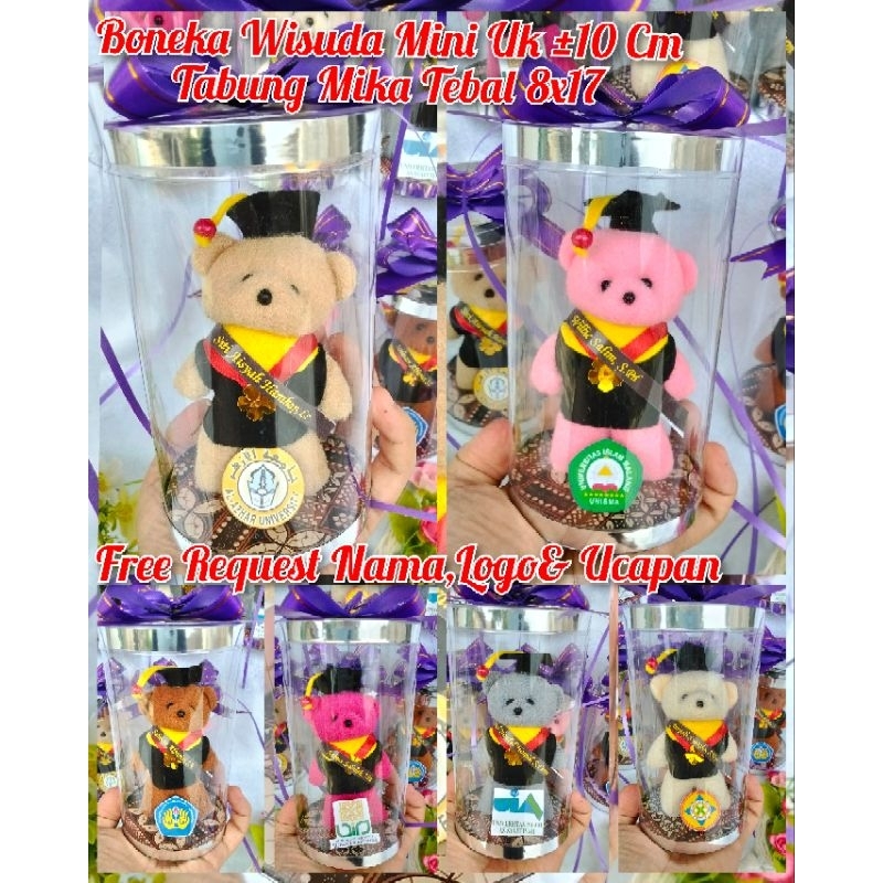 BONEKA WISUDA TEDDY BEAR MINI Uk 10 Cm Kemasan tabung Mika 8x17 cm Free Request Nama,logo dan ucapan