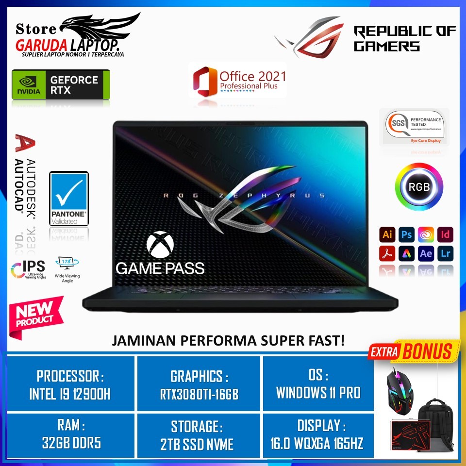 LAPTOP ASUS ROG ZEPHYRUS M16 GU603ZX INTEL I9 12900H RAM 32GB DDR5 2TB SSD RTX3080TI-16GB 16.0 WQXGA