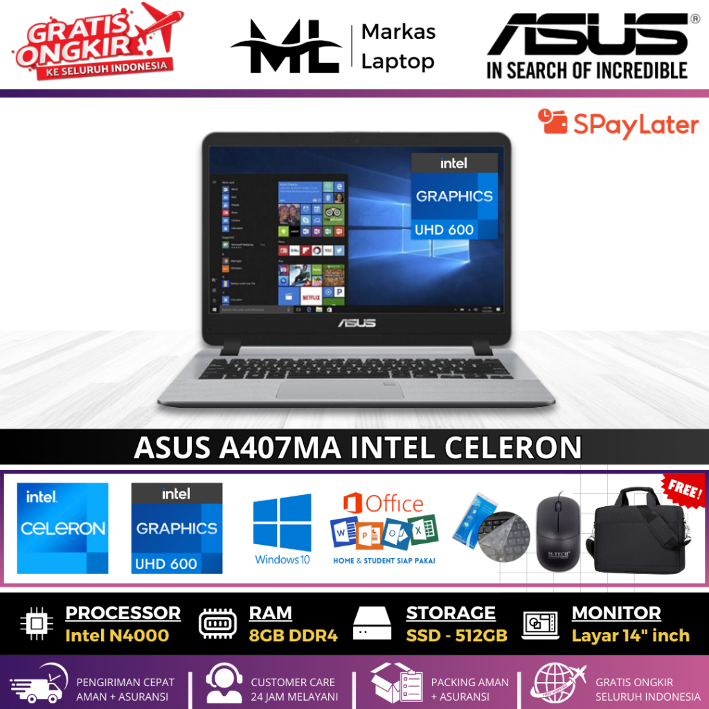 LAPTOP ASUS A407MA INTEL CELERON RAM 8GB SSD 512GB WIN10 14'INCH
