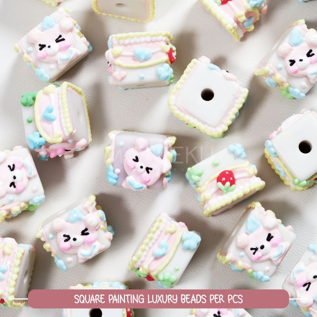 Per Pcs Manik Monte Square Pastel Beads Full Painting Cute Pastel Manik Lukis Painted Import Bahan D