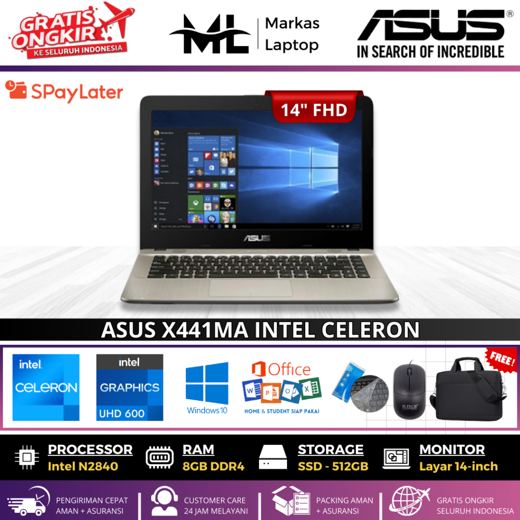 LAPTOP ASUS X441MA INTEL CELERON N4000 RAM 8GB SSD 512GB WINDOWS 10 14'INCH