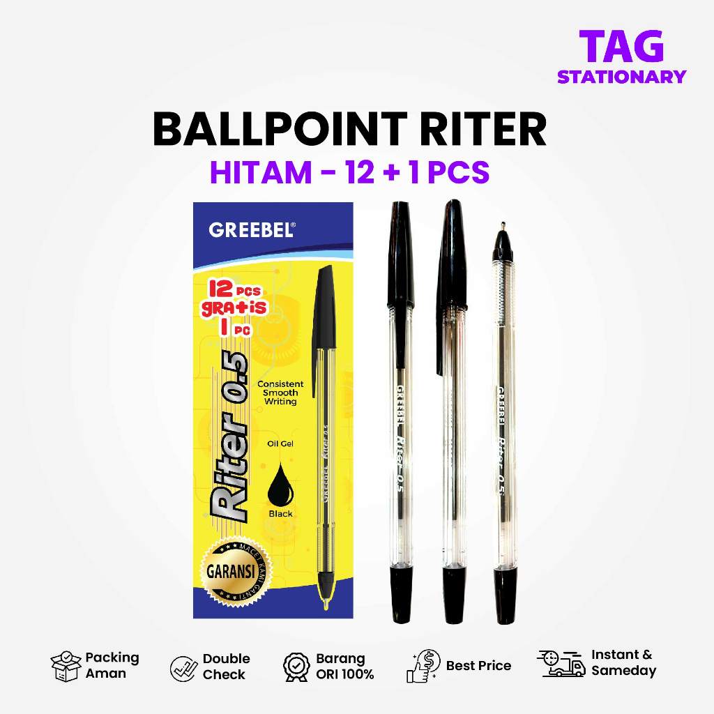 

GREEBEL Pulpen / Ballpen Riter 0.5 Hitam (12 PCS/SET) / Ballpoint Bolpen Pena Timur Agung Grosir