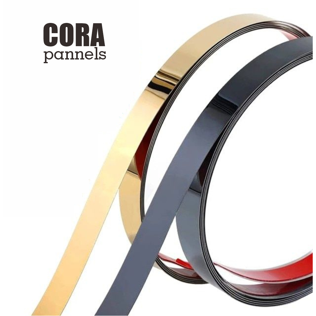 Alumunium Strip Stripes HPL Mirror Glossy Gold Black Silver Signage 400 meter m Lentur Interior Boot