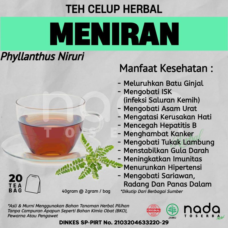 

Teh Celup Herbal MENIRAN Isi 20 Tea Bag | ISK, Asam Urat & Ginjal | Phyllanthus Niruri