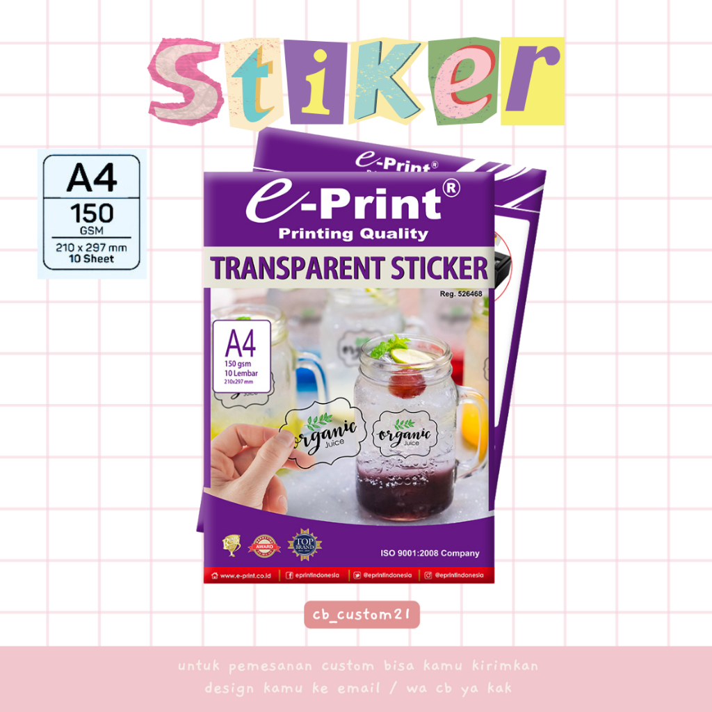 Stiker Transparant Sticker A4 / Kertas Stiker Transparan A4 E-PRINT / Stiker Bening A4 [WATERPROOF]