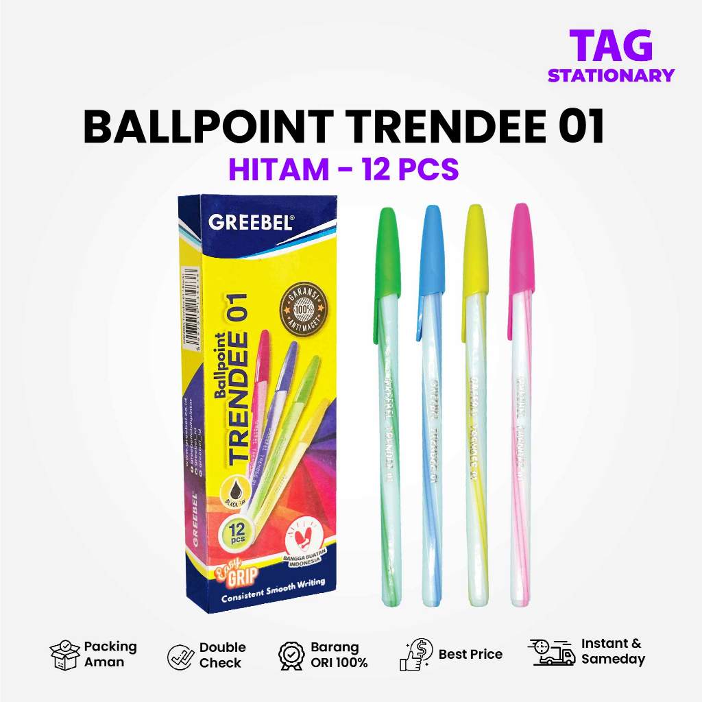 

GREEBEL Pulpen / Ballpen Trendee 01 Hitam (12 PCS/SET) / Ballpoint Bolpen Pena Timur Agung Grosir