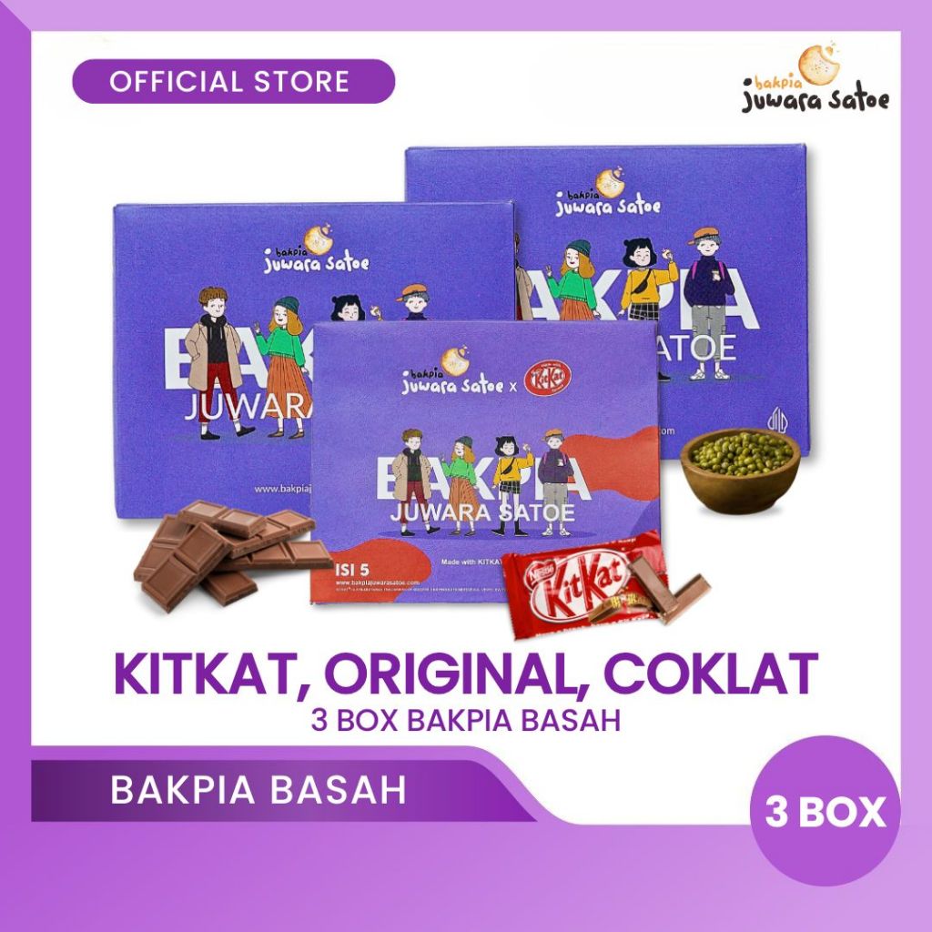 

BAKPIA JUWARA SATOE [ 3 Box ] Paket Bakpia Basah Kitkat (Kitkat, Original, Coklat) - Oleh Oleh Khas Jogja