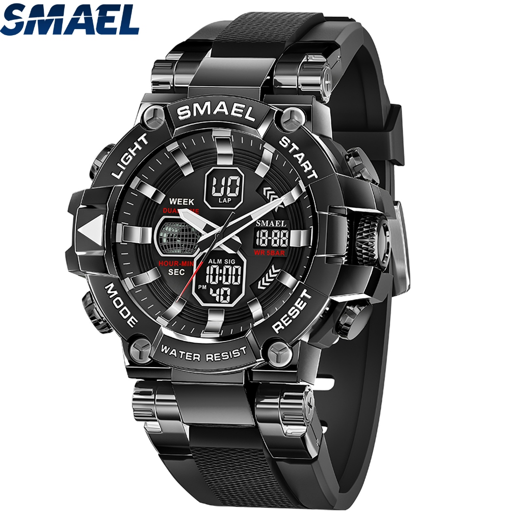 SMAEL 8027 Hitam,Hitam keemasan,Jam Tangan Taktis Militer Analog Digital HD yang Dapat Dipakai Tangg