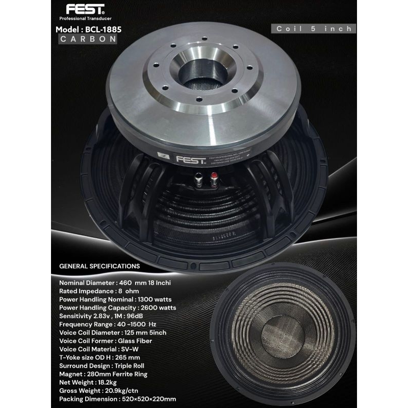 SPEAKER COMPONENT FEST BCL-1885 CARBON SPEAKER COMPONENT 18 INCH VC 5 INCH BCL 1885 CARBON