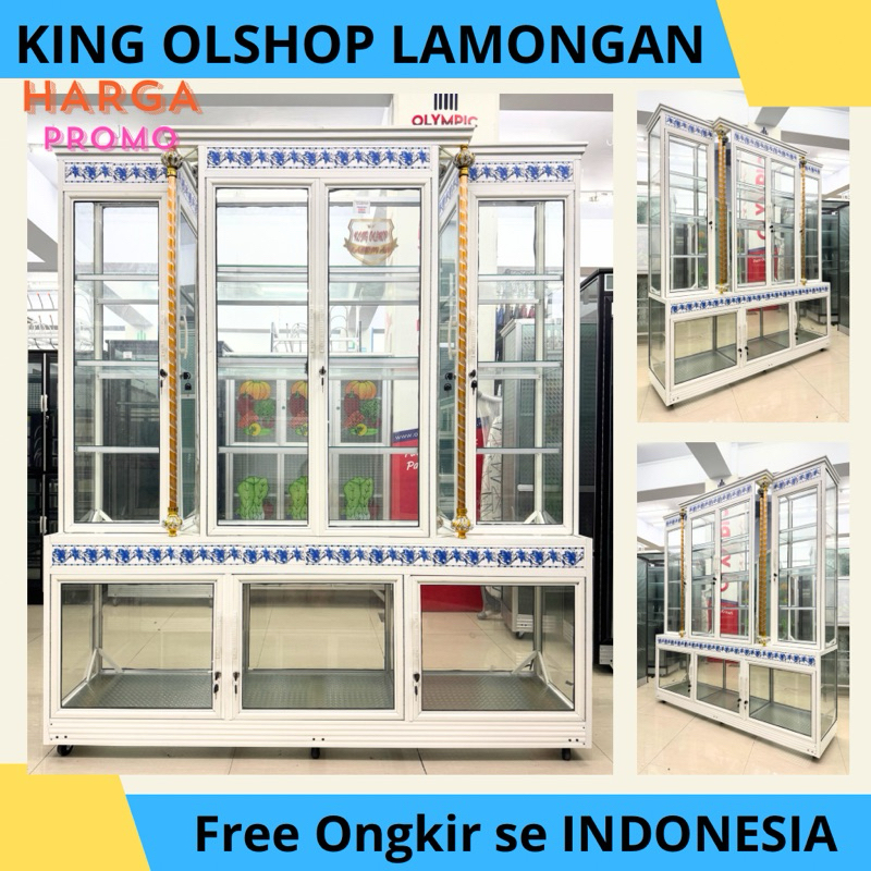 Lemari Almini Rak Tv / Buffet Partisi Putih Kaca Bening Roda [LAMONGAN]