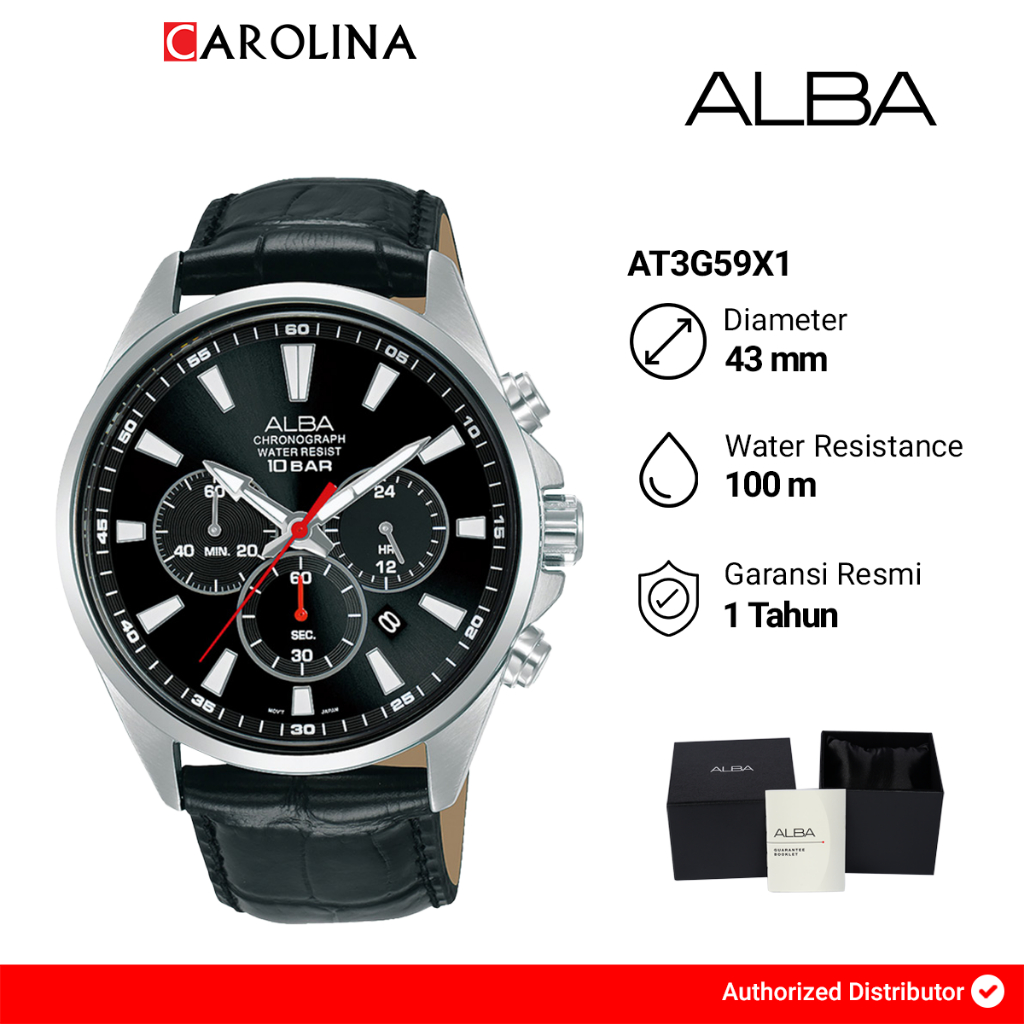 Jam Tangan Pria Alba Active AT3G59X1 Black Dial Black Leather Strap