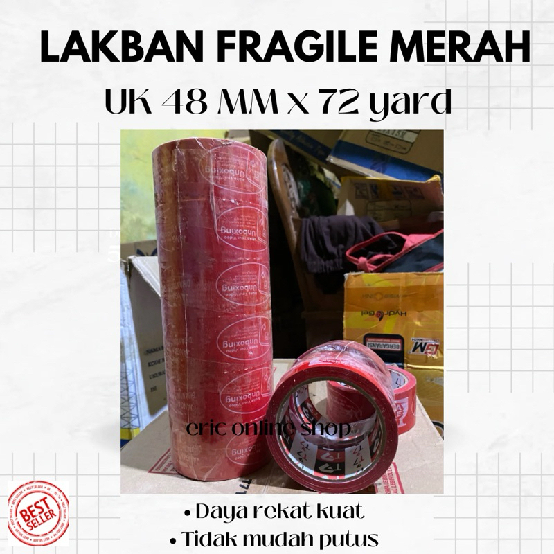 

Lakban fragile merah jangan di banting 1 Slop isi 6 pcs 42mm x 72 yard