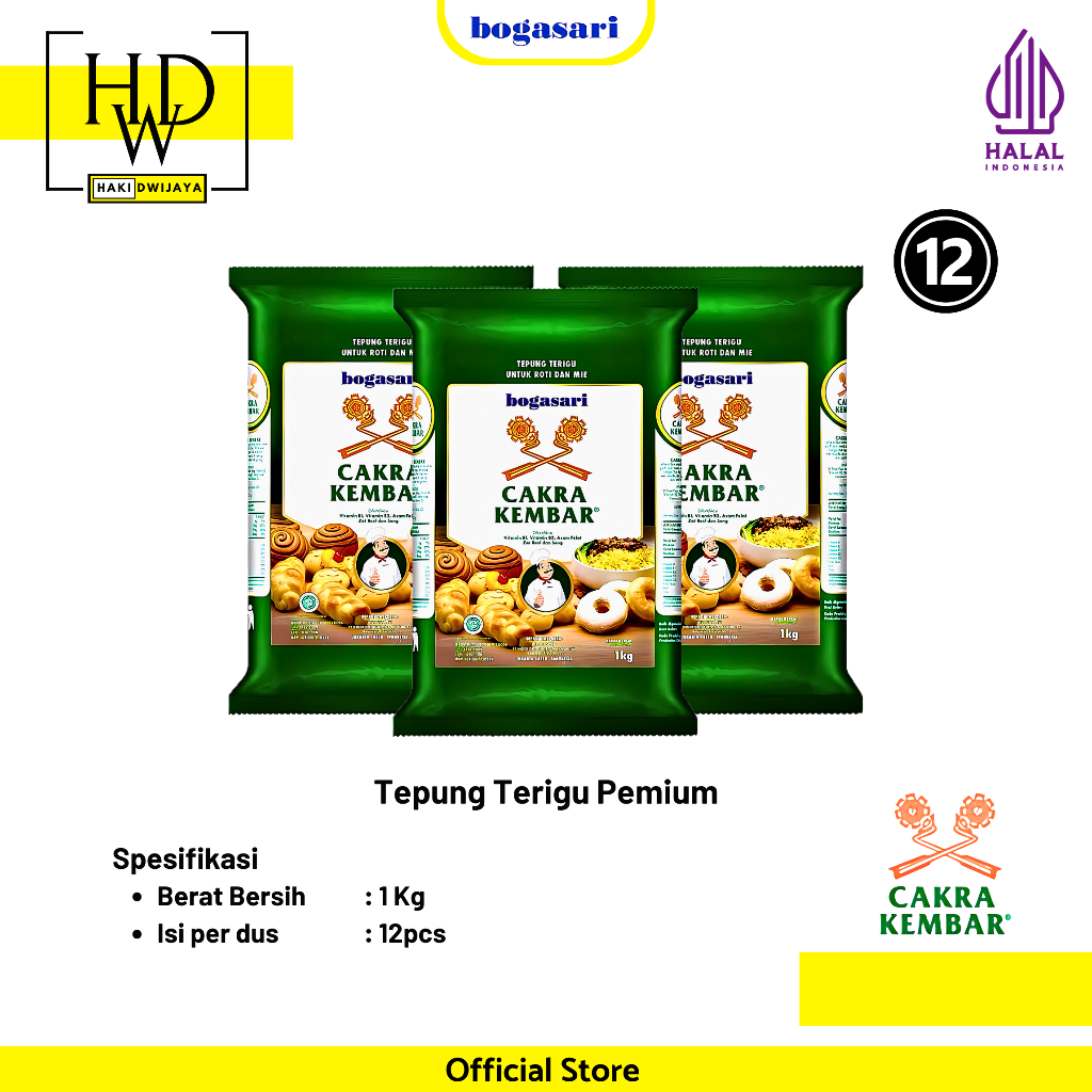 

Bogasari Cakra Kembar Tepung Terigu Premium 1kg x 12 pcs