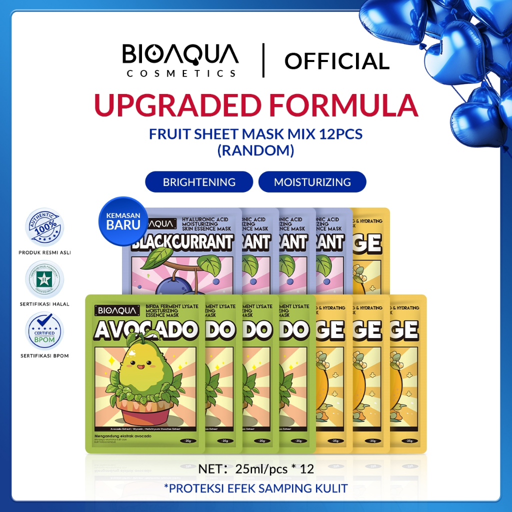 BPOM BI0AQUA cosmetics Fruit Sheet Mask Brightening Mask 12pcs wajah Masker Muka Kusam Dan Mencerahk